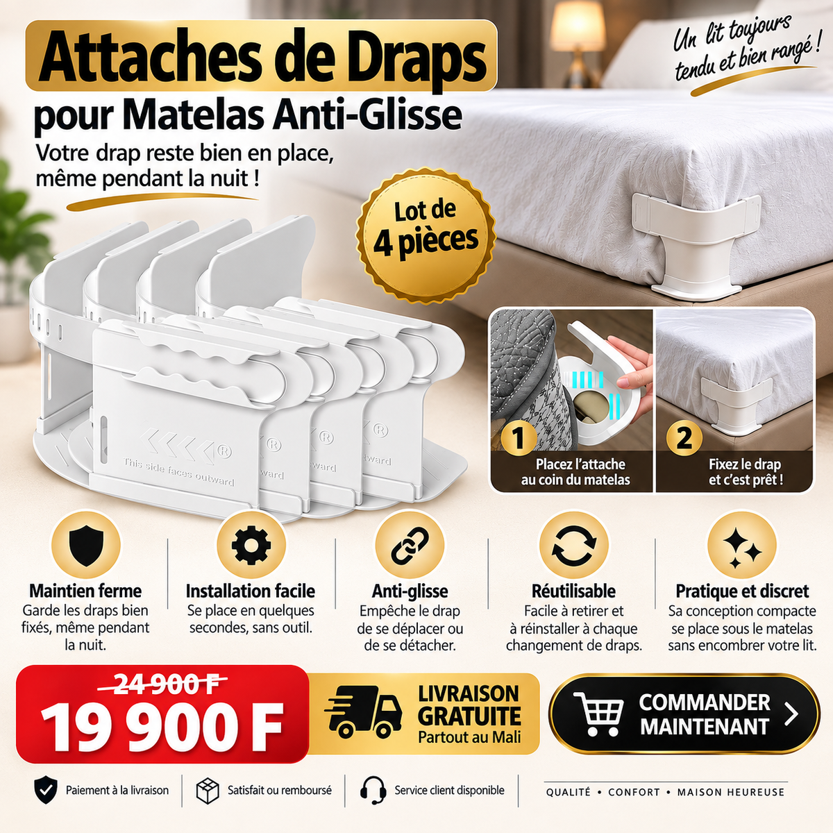 Attaches de Draps pour Matelas Anti-Glisse